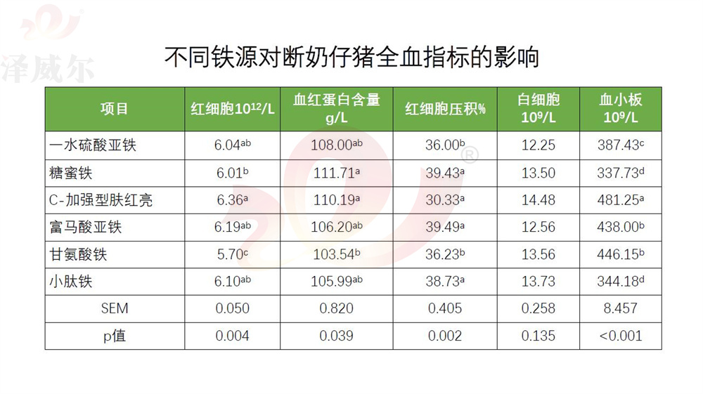 不同饲料添加剂铁源对断奶仔猪全血指标的影响